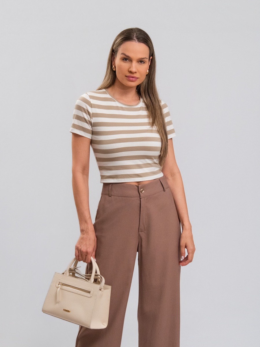 Cropped Reisen Manga Curta Listrado Bege/Off White