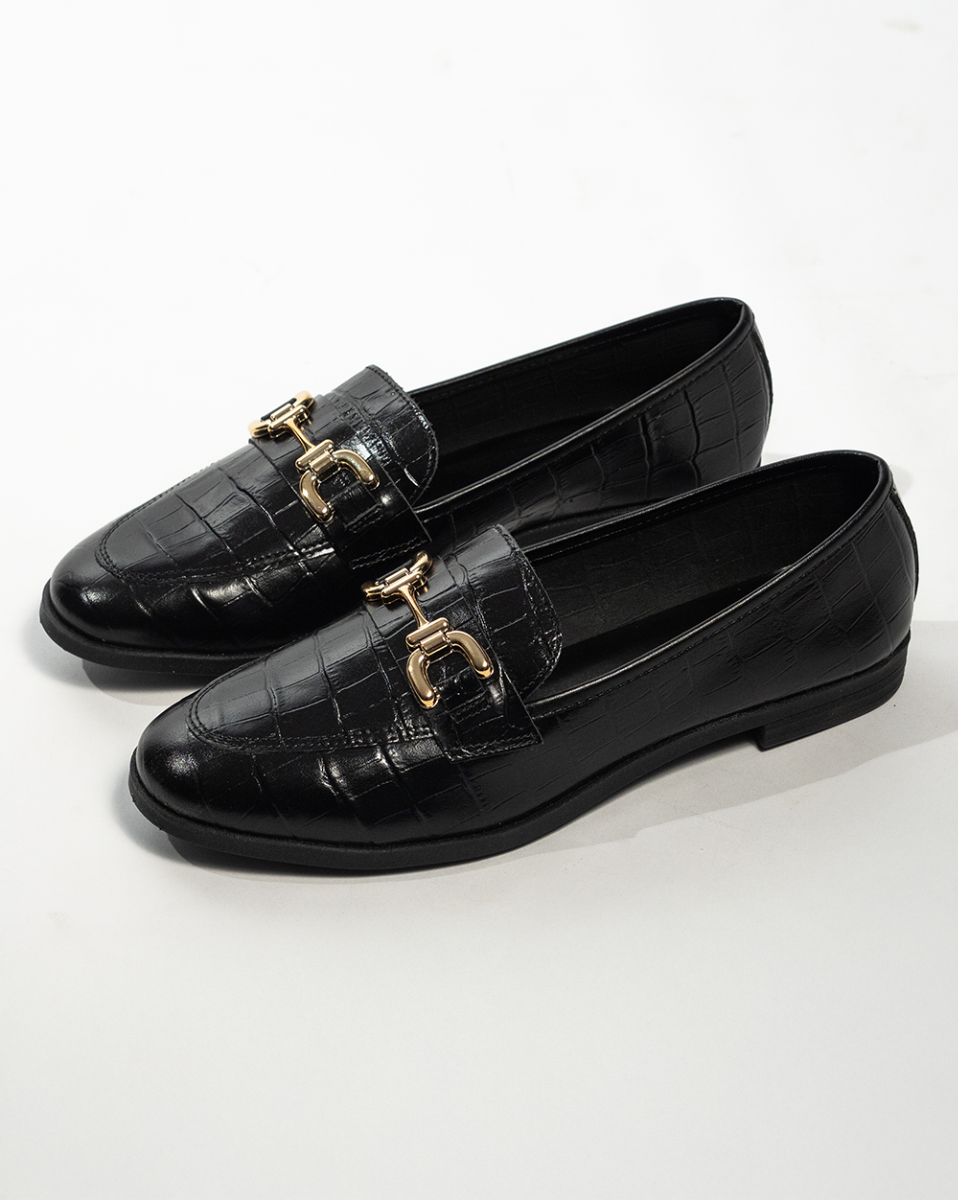Mocassim Reisen em Couro Croco com Detalhe em Metal Preto