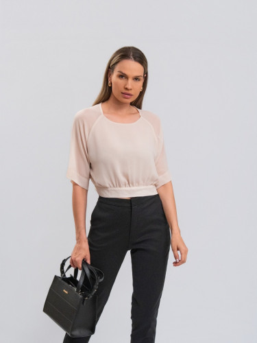 Cropped Reisen Manga Curta com Toque Leve Areia