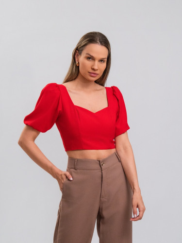 Cropped Reisen Manga Curta Bufante Vermelho