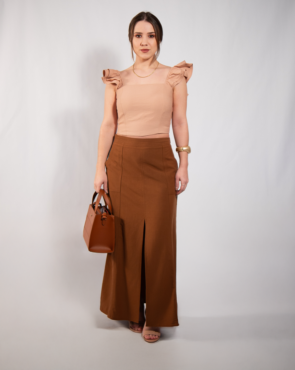 Blusa Reisen Cropped Com Babados Bege