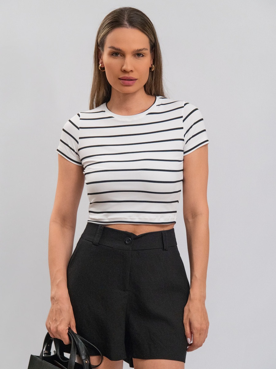 Cropped Reisen Manga Curta Listrado Branco/Preto