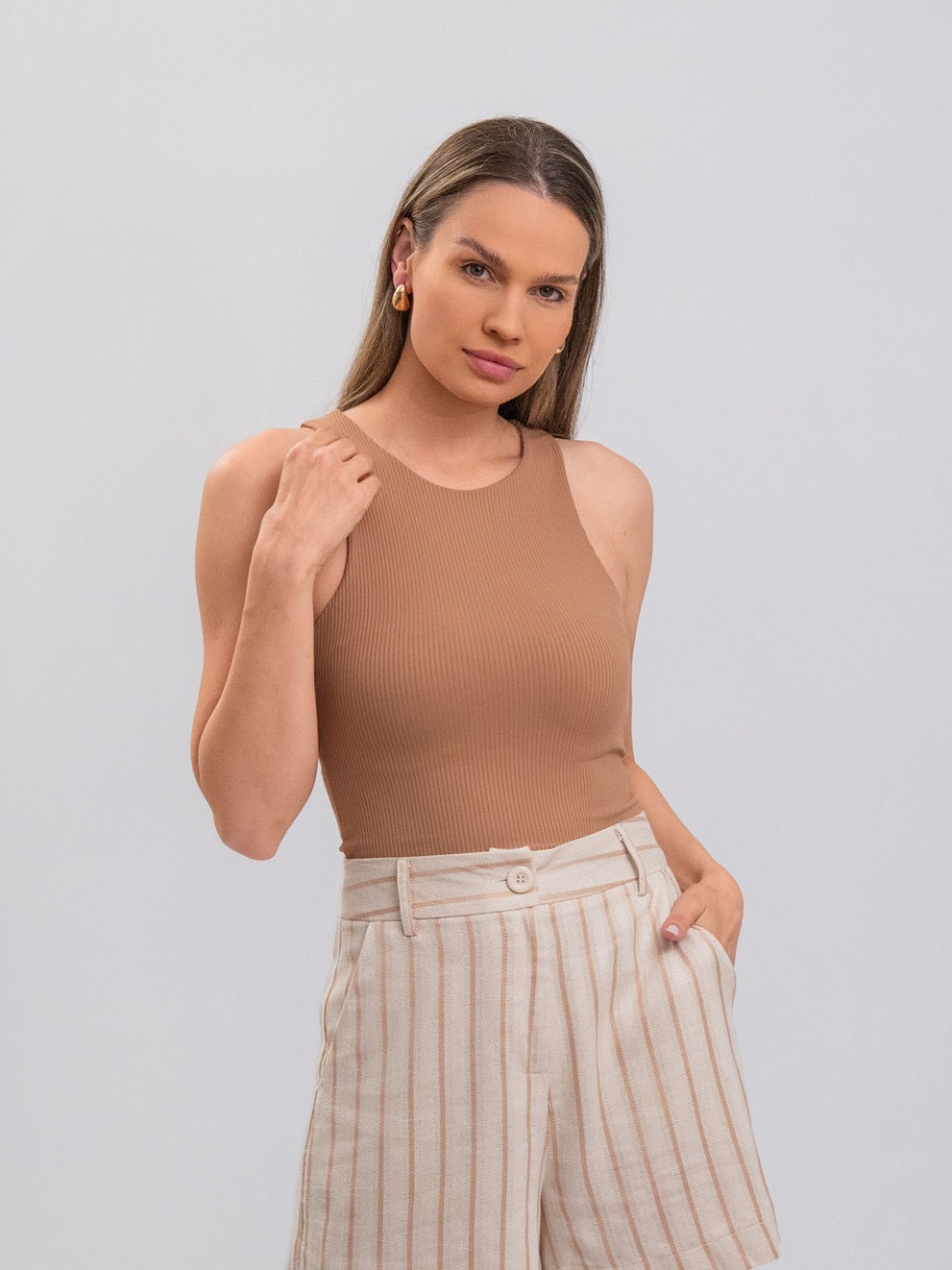 Blusa Básica Reisen Regata Cropped Canelada Marrom