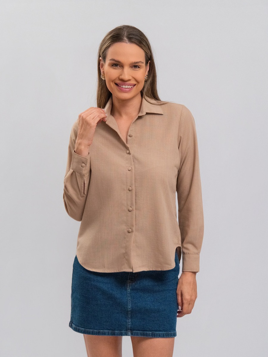 Camisa Feminina Reisen Manga Longa Bege