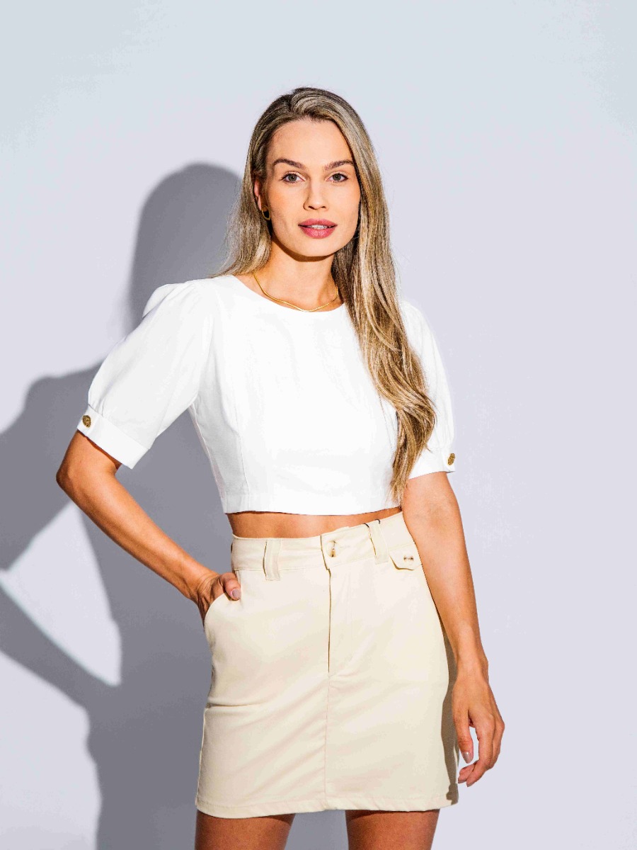Blusa Cropped Reisen com Manga Princesa Branco