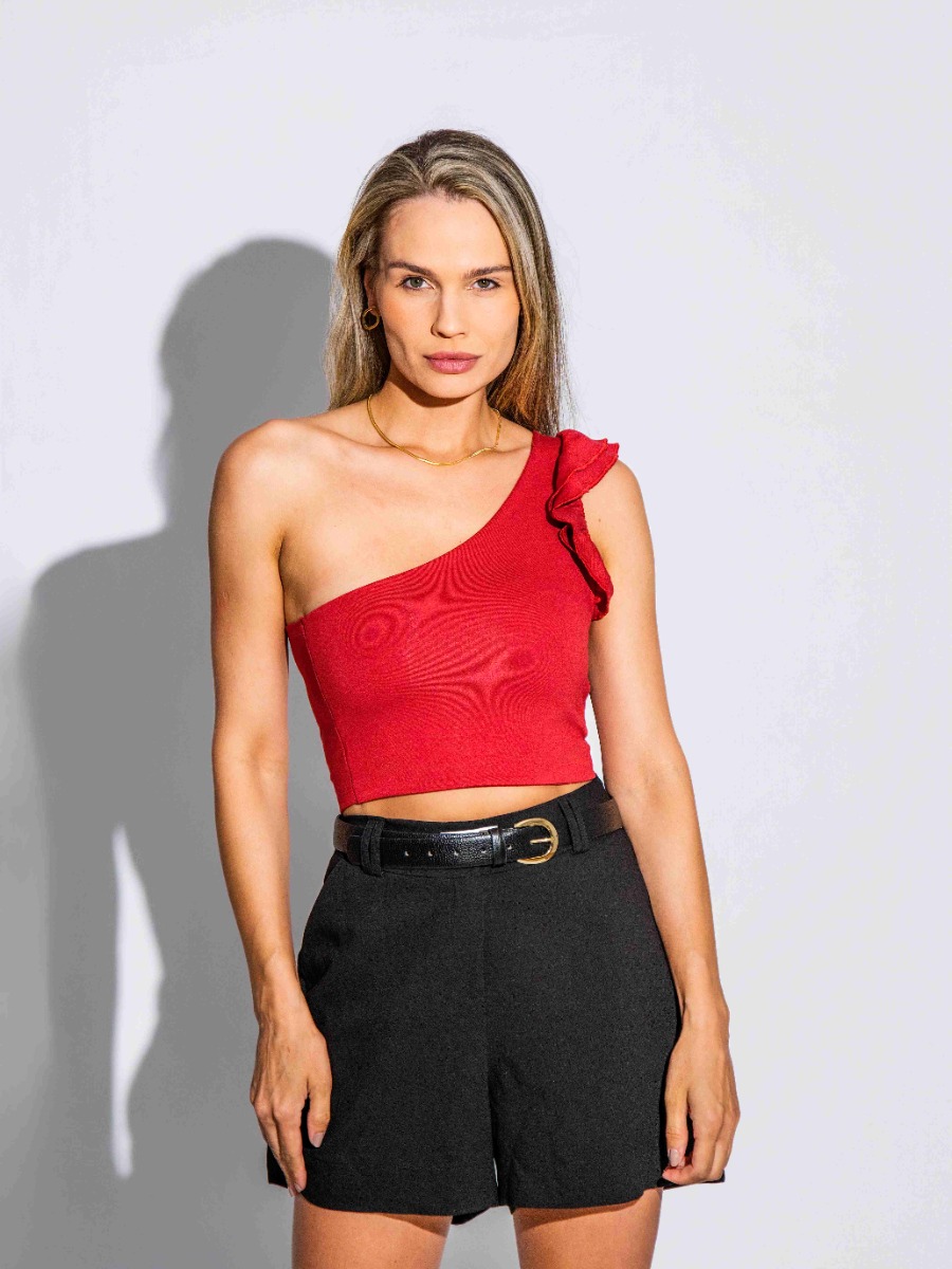 Blusa Cropped Reisen de Um Ombro S&oacute; com Babados Vermelho