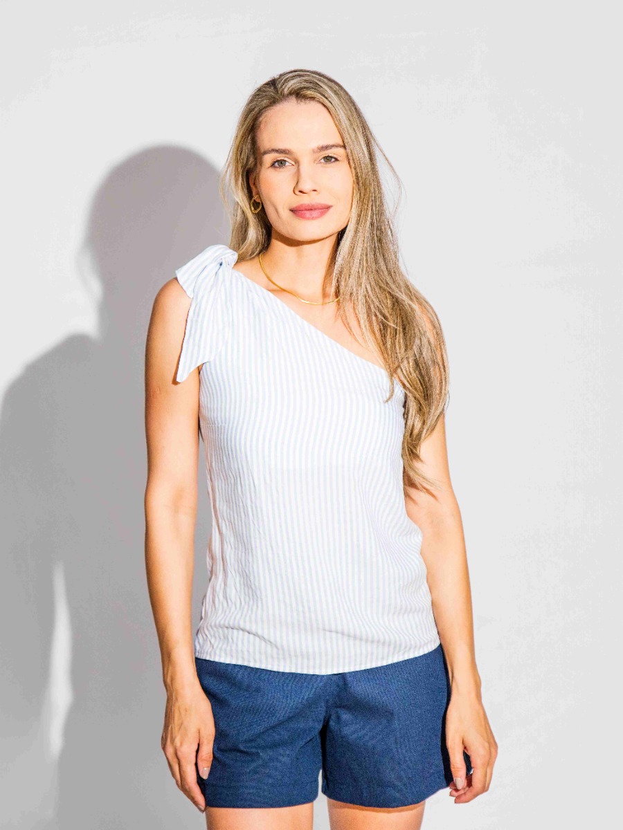 Blusa Reisen De Um Ombro S&oacute; com La&ccedil;o Listrada Azul e Branco