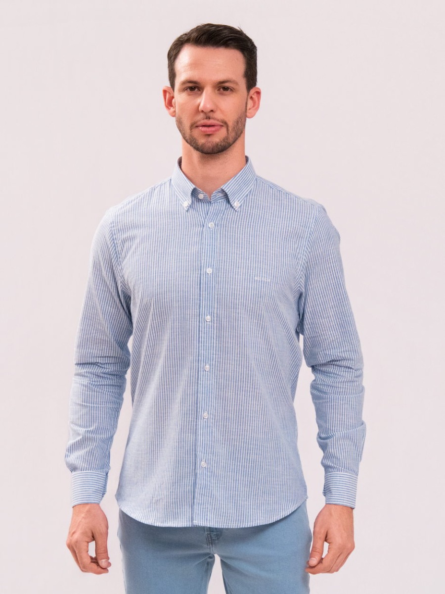 Camisa Reisen Manga Longa Listrada Azul e Branco