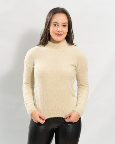 Blusa Reisen Tricô Leve Toque Peluciado Com Gola Areia