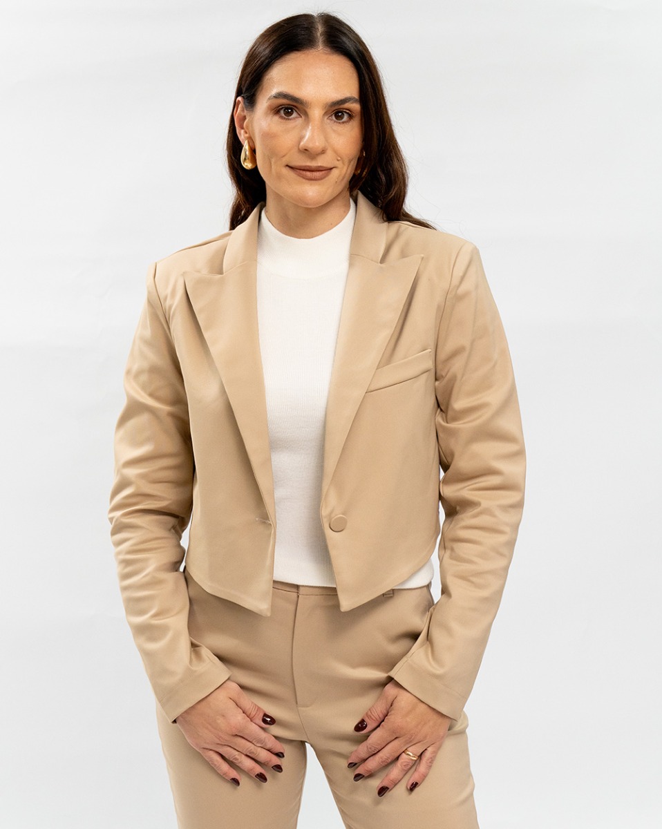 Blazer Reisen Cropped Alfaiataria Bege