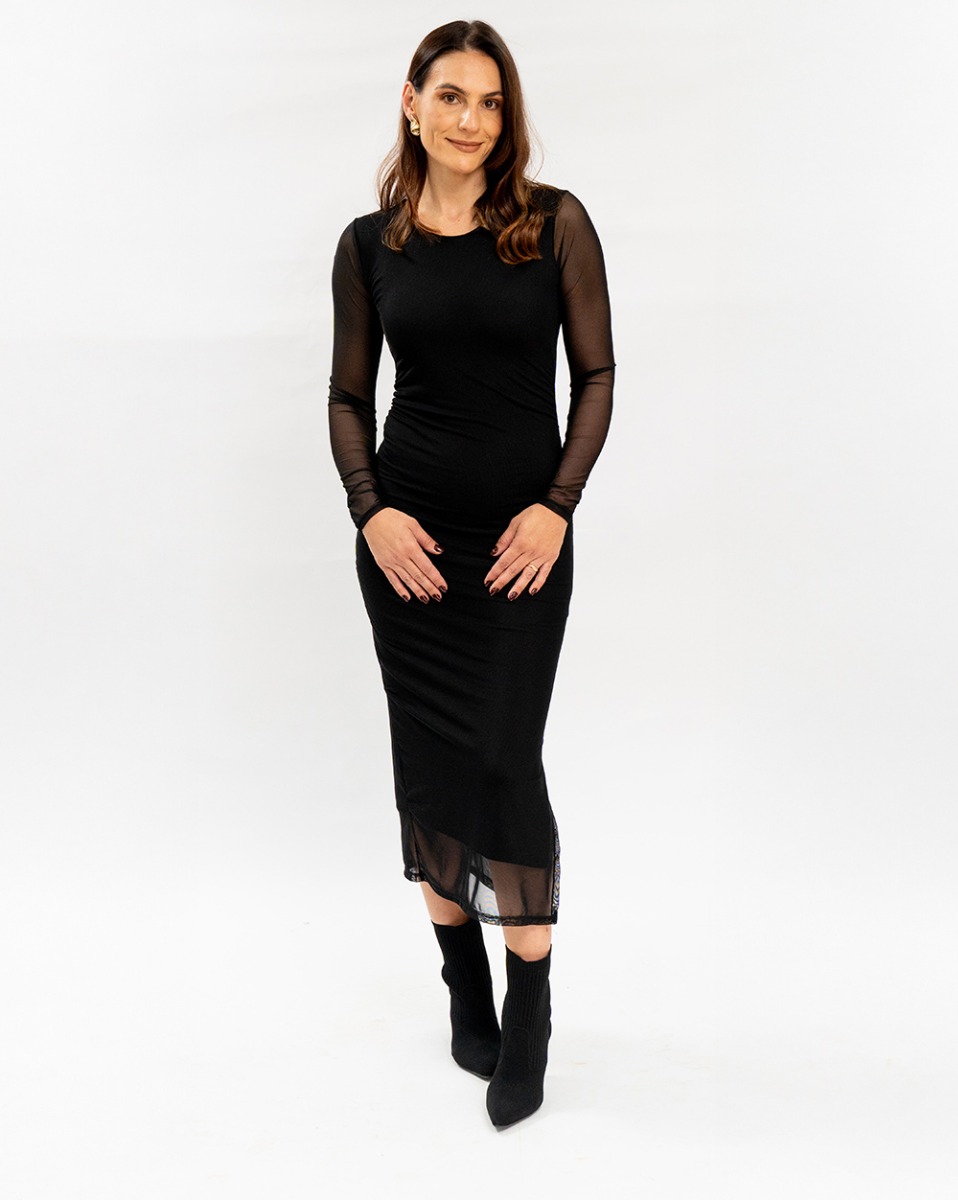 Vestido Reisen Midi Manga Longa Em Tule Preto