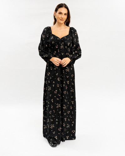 Vestido Reisen Longo Manga Bufante Preto Floral