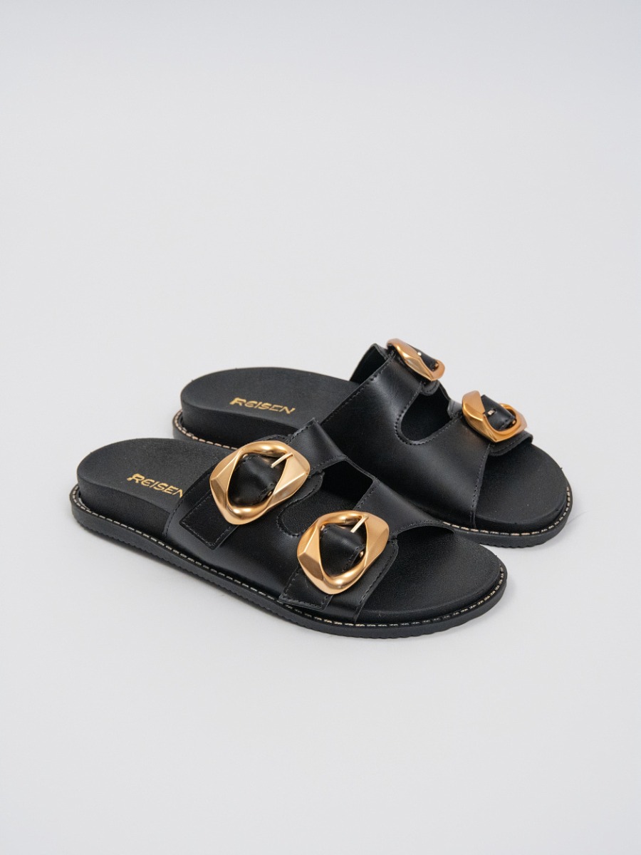 Chinelo Birkin Preto com Fivelas Douradas Reisen