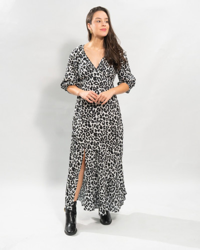 Vestido Reisen Manga Longa Decote V Midi Estampado Onça