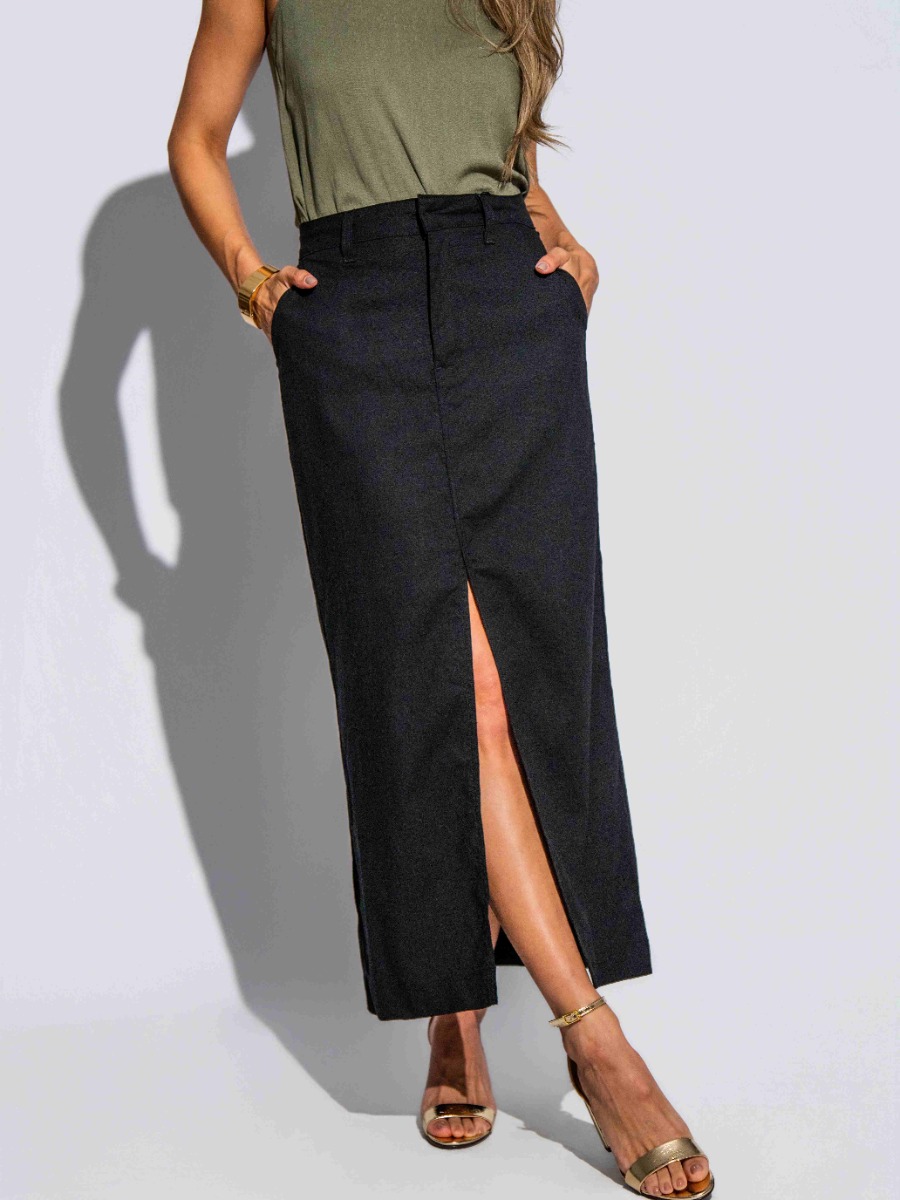 Saia Reisen Midi em Linho com Fenda Frontal Preto