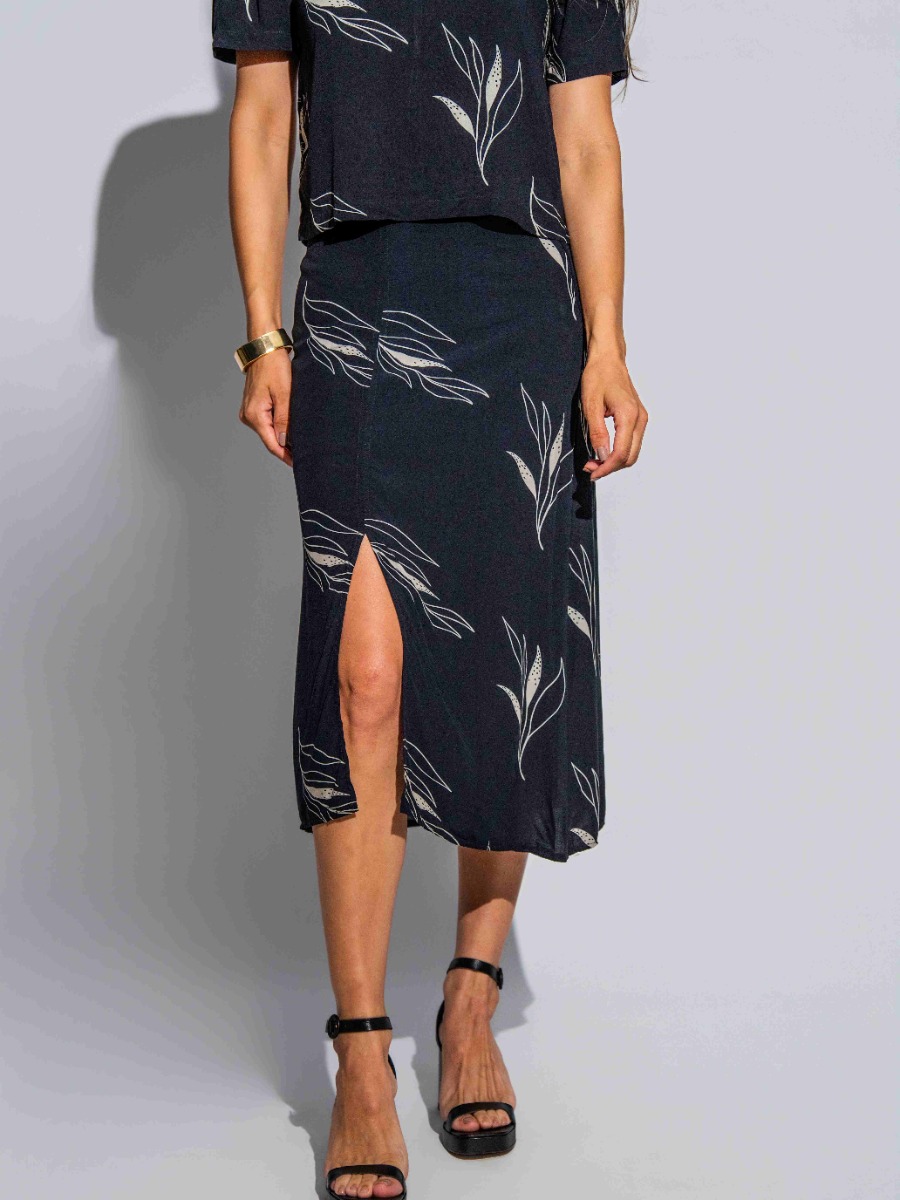 Saia Reisen Midi Estampada com Fenda Preto