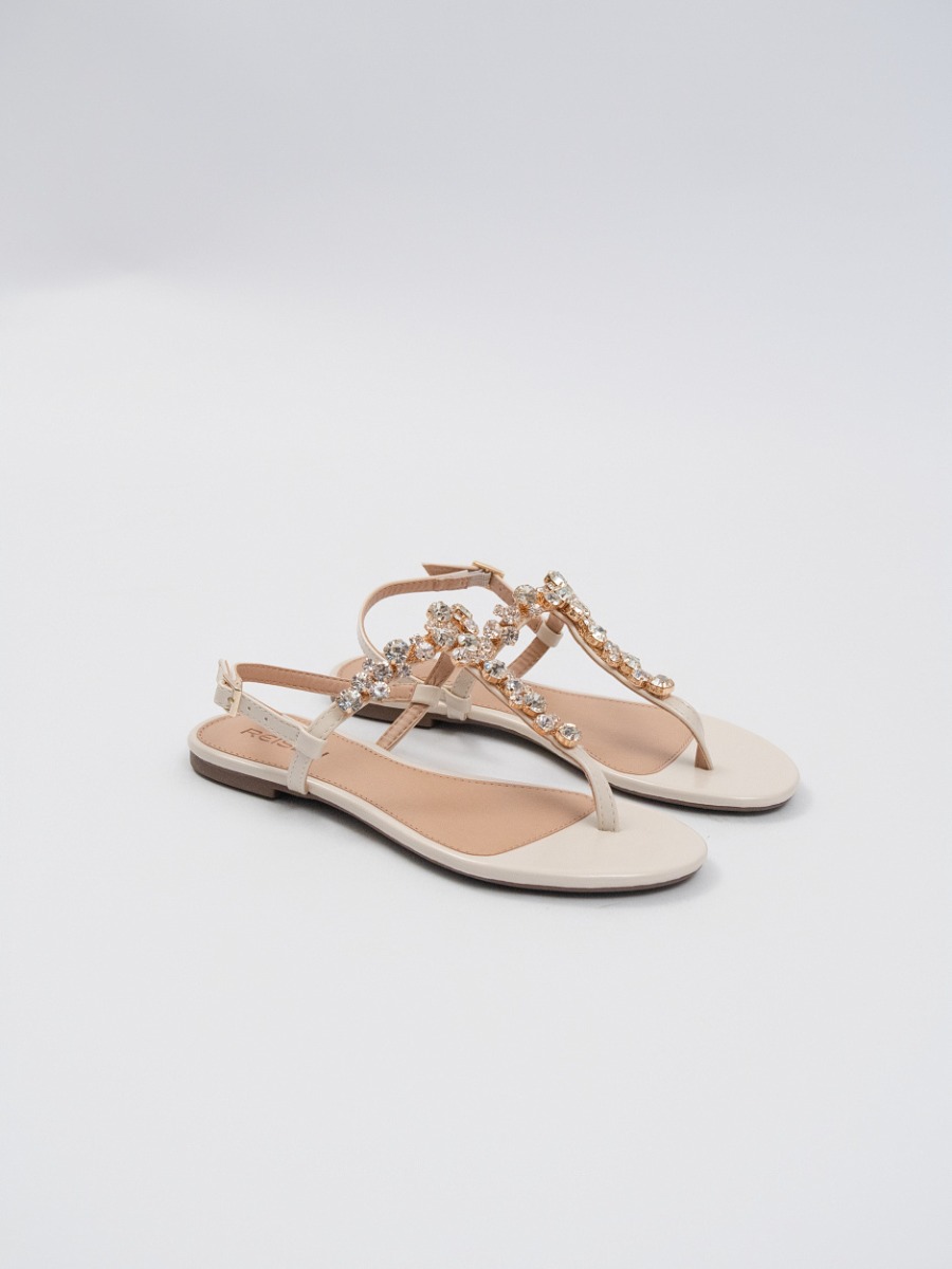 Sandália Reisen Rasteira Fio Dental com Cristais Off White