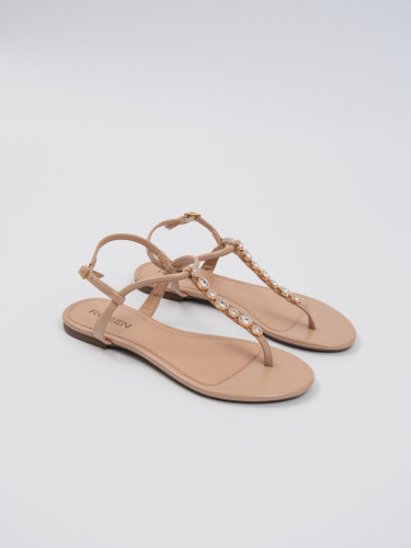 Sandália Reisen Rasteira Fio Dental com Pedraria Areia