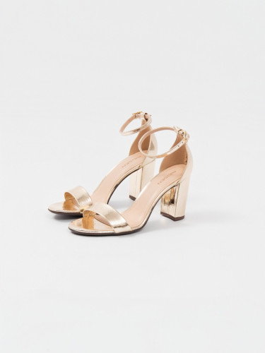 Sandália Reisen com Tiras Salto Alto Bloco Dourado