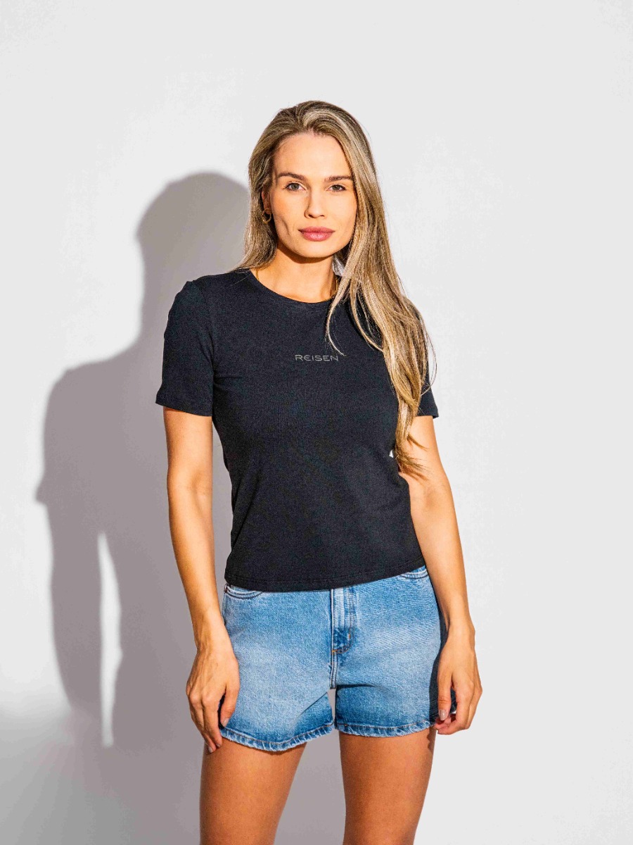 T-shirt Reisen Manga Curta em Algodão com Estampa Logo Frontal Preto