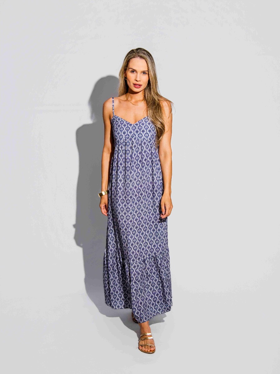 Vestido Reisen Longo com Al&ccedil;as Finas Estampado Azul