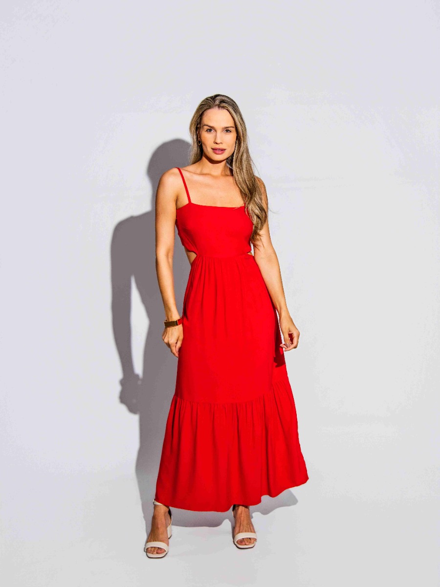 Vestido Reisen Midi com Recorte e Amarração no Busto Vermelho