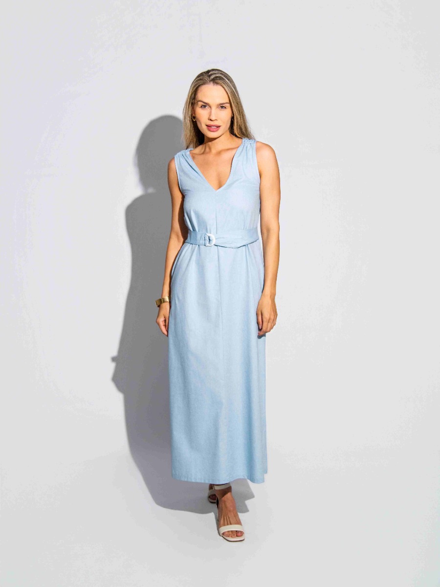 Vestido Reisen Midi Decote V com Cinto Azul