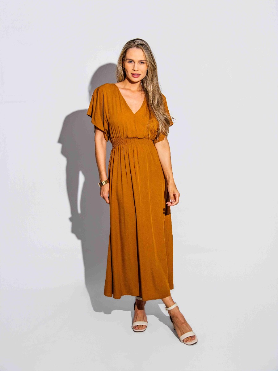 Vestido Reisen Midi Manga Curta Decote V Bege