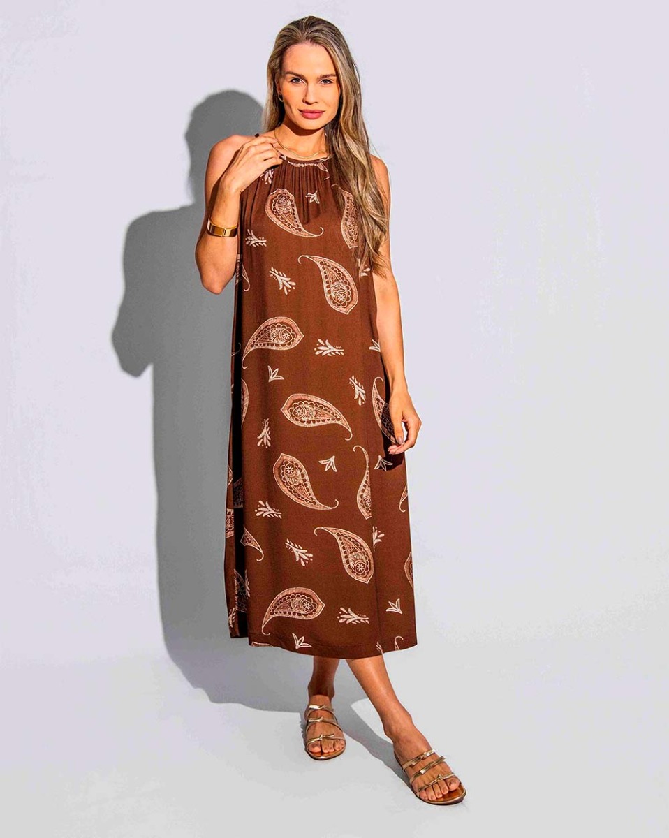 Vestido Reisen Regata Midi Estampado Marrom