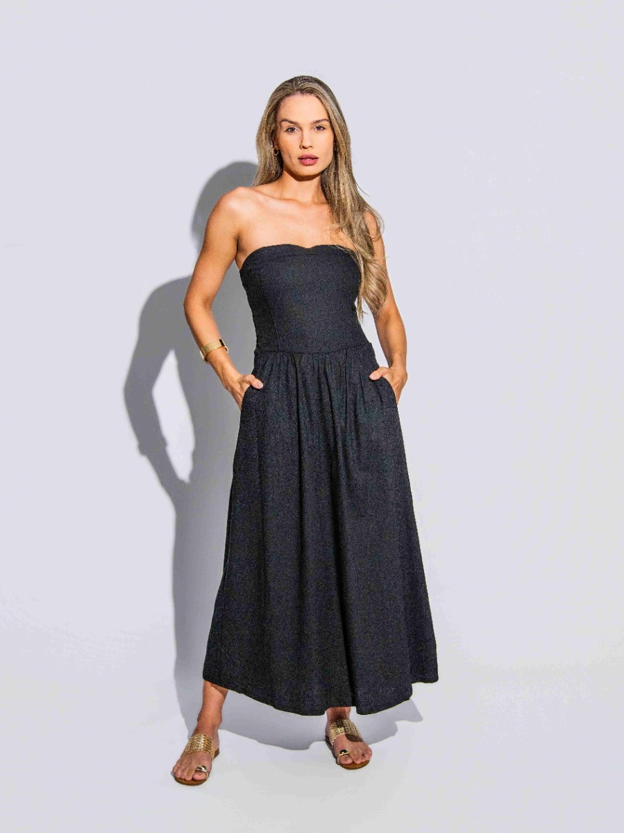 Vestido Reisen Sem alças com Bolsos em Linho Preto